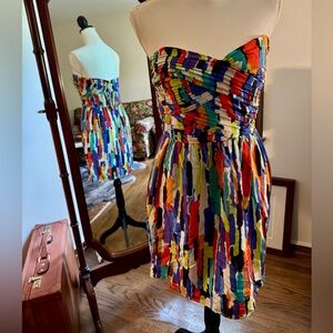 Shoshanna multi colour brush stroke silk chiffon strapless dress